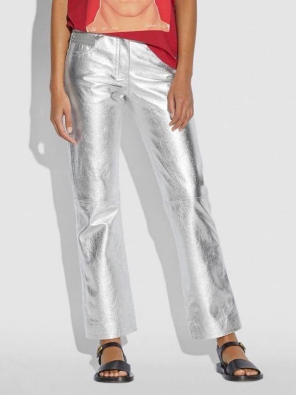 Coach 1941 High Rise Leather Flare Pants in Metallic Silver